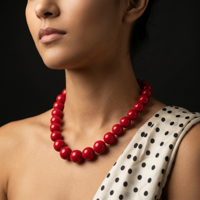 ESTANCIA Sublime natural Red Fossilized Coral Sterling Silver handmade Necklace - Red fossilized coral necklace worn, polka dot dress, side view.