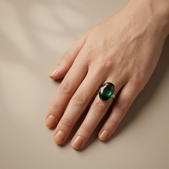 Exotic Beauty oval cut 17.5 carat Helenite .925 Sterling Silver dipped in Real Gold handmade Ring s. 8 - Oval cut Helenite ring worn on hand, top view.