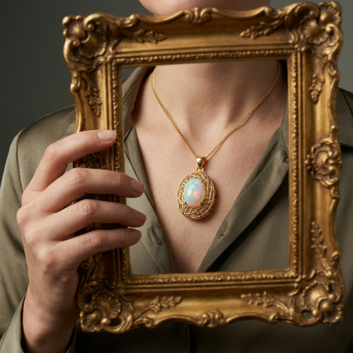 Earth Treasure Authentic 16.8 carat Golden Ethiopian Opal 22K Gold over .925 Sterling Silver handcrafted Statament Necklace - Opal pendant in frame, worn on neck, showcasing gemstone detail.