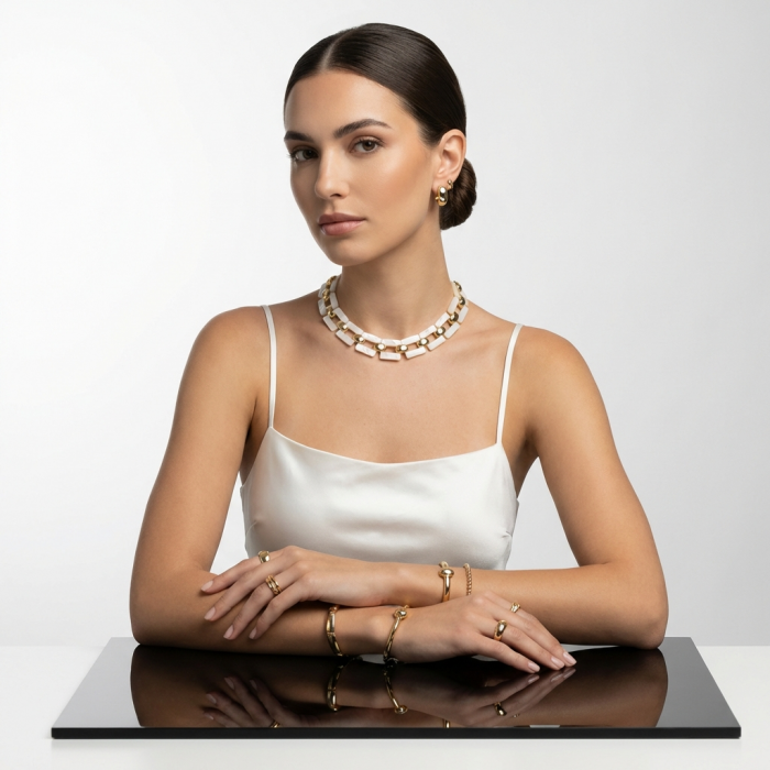 Rainbow Cascade Precious natural Blister Pearl 18K Gold over .925 Sterling Silver Necklace; 83.5 grams - Model wearing Rainbow Cascade Pearl 18K Gold jewelry, front view.