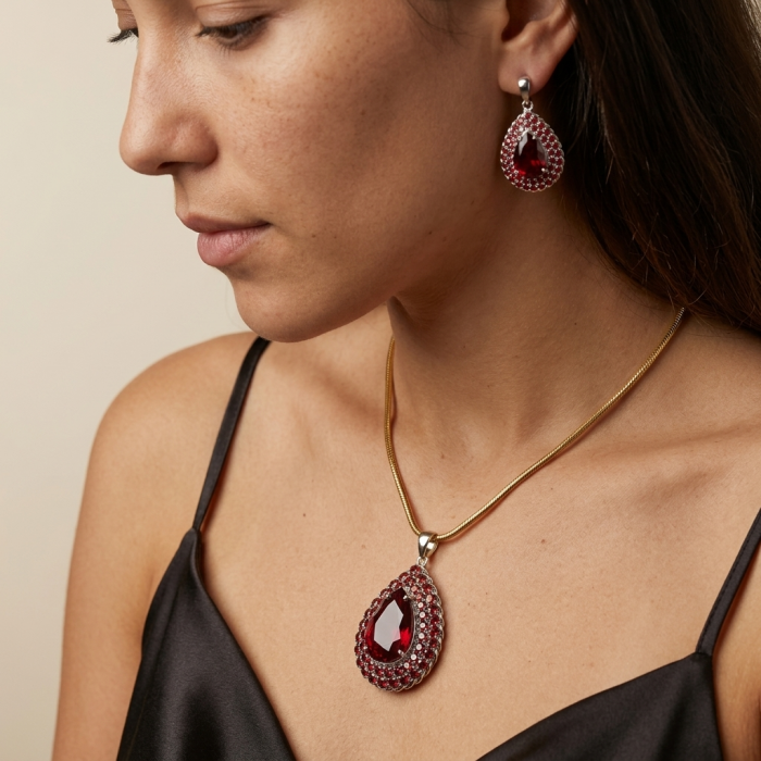 Rare finding! 27.2 carat authentic Kashmir Ruby rhodium over .925 Sterling Silver handmade Statement Pendant Brooch - Side view showing necklace and earring with Kashmir ruby pendants worn.