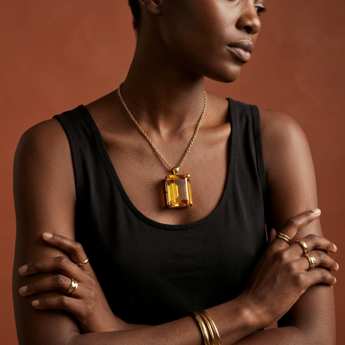 Luxury genuine 33.5 CARAT baquette cut Champagne Topaz .925 Sterling Silver dipped in 18K Gold handmade Pendant - Model wearing large champagne topaz pendant and gold rings, front view.