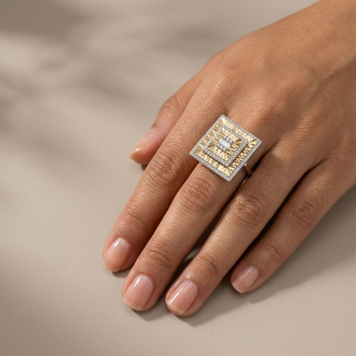 Art Deco 18.2 carat White Topaz 14K Gold over .925 Silver handcrafted Cocktail Ring s. 6 1/4 - Square gold and white topaz ring worn on hand, top view.