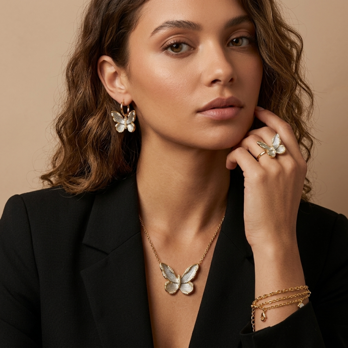 Golden Butterfly White Topaz highly polished 18K Gold over .925 Sterling Silver Italy made ring s. 7 1/4 - Model wearing Golden Butterfly jewelry set with white topaz.