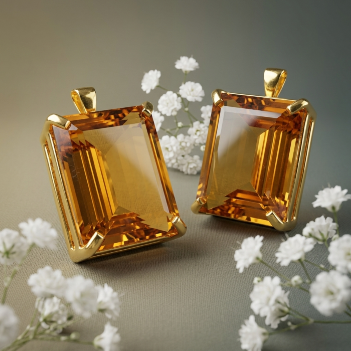 Luxury genuine 33.5 CARAT baquette cut Champagne Topaz .925 Sterling Silver dipped in 18K Gold handmade Pendant - Two luxury Champagne Topaz pendants with floral accents, front view.