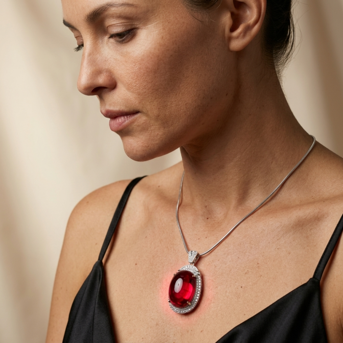 Rare finding! Deluxe 47.2 carat authentic Kashmir Ruby rhodium over .925 Sterling Silver handmade Statement Pendant - Model wearing Deluxe 47.2 carat Kashmir Ruby necklace, side view