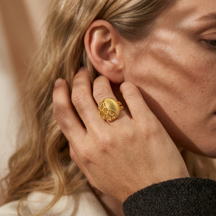 Dubai Style .925 Sterling Silver dipped in 22K Gold handmade Large ring size 9 - Ring on hand, side view, gold, intricate design, Dubai style jewelry.