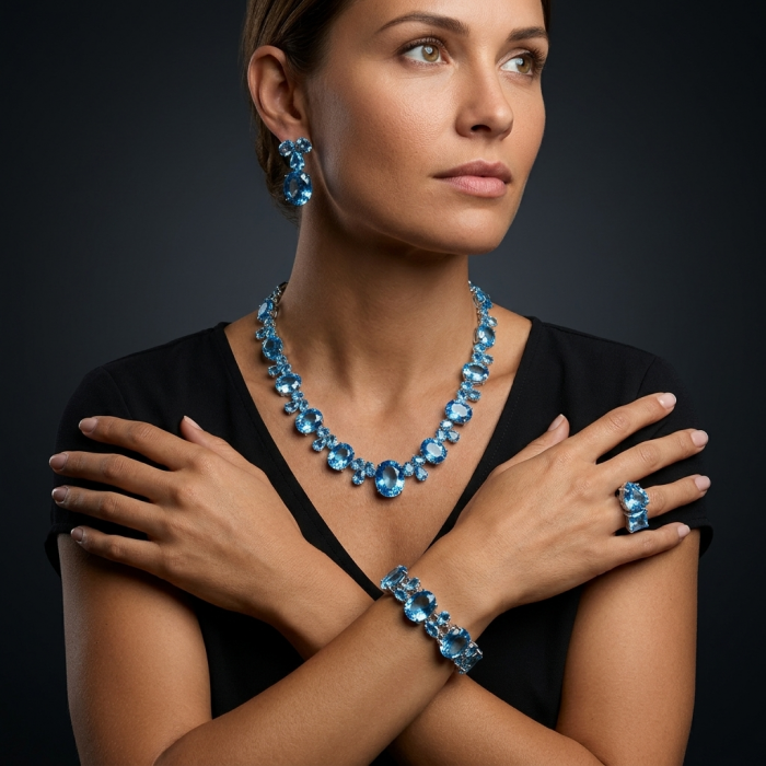 Pure Serenity 45.5 carat genuine Swiss Blue Topaz .925 Sterling Silver handmade Large Statement earrings - Woman wearing Swiss Blue Topaz jewelry set, front view.