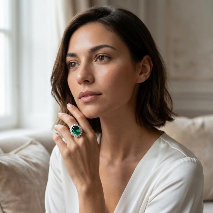 Green Royalty Natural 15.6 carat Chrome Diopside .925 Sterling Silver ring size 5 - Woman wearing a Green Royalty chrome diopside ring on hand.