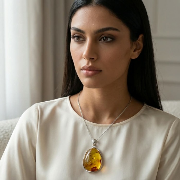 Sea Treasure Prehistoric Authentic Butterscotch Baltic Amber .925 Sterling Silver beautifully handcrafted Pendant - Woman wearing Sea Treasure Butterscotch Baltic Amber necklace