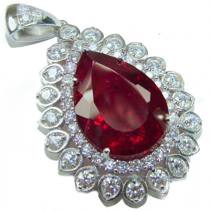 Rare finding! Deluxe 49.8 carat authentic Kashmir Ruby rhodium over .925 Sterling Silver handmade Statement Pendant - Close-up of deluxe Kashmir ruby pendant with diamond accents