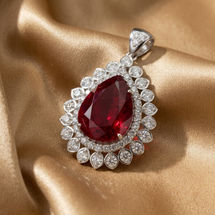 Rare finding! Deluxe 49.8 carat authentic Kashmir Ruby rhodium over .925 Sterling Silver handmade Statement Pendant - Close-up of deluxe 49.8 carat Kashmir ruby pendant on silk fabric.