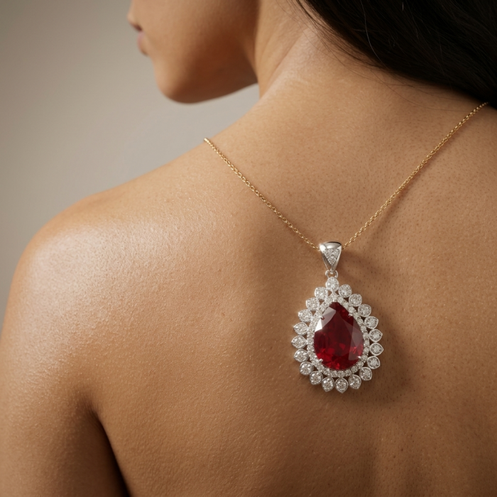 Rare finding! Deluxe 49.8 carat authentic Kashmir Ruby rhodium over .925 Sterling Silver handmade Statement Pendant - Back view of necklace with 49.8 carat Kashmir Ruby pendant