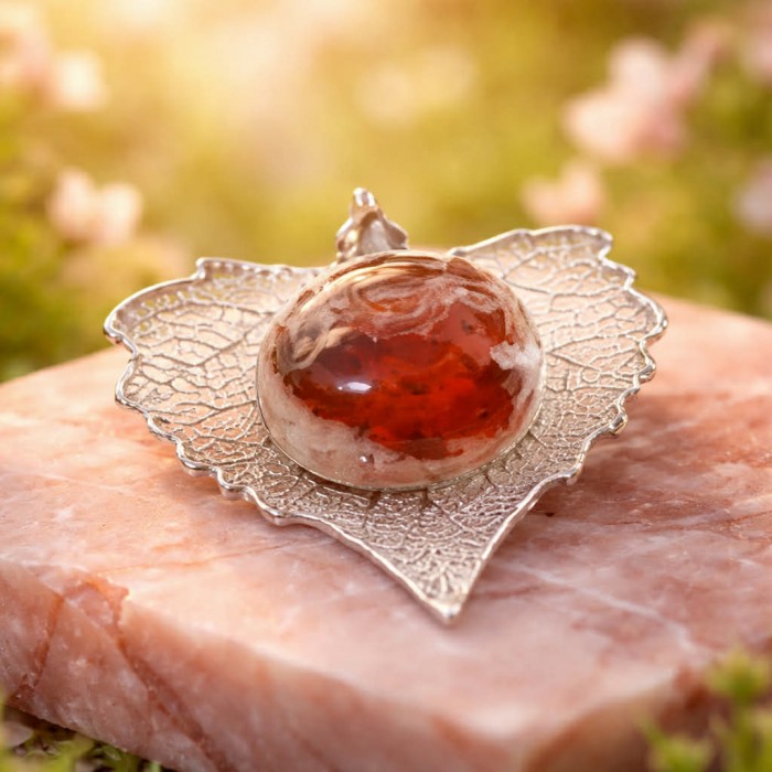 Rain Drop REAL Leaf dipped in Sterling Silver and 25.5 carat Mexican Opal & .925 Sterling Silver Pendant - Red stone on silver leaf pendant, close-up, on pink stone surface.