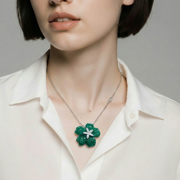 12.2 carat Graceful Authentic mystery setting Colombian Emerald .925 Sterling Silver handcrafted Statement necklace - Pendant necklace with emerald, worn on neck, front view