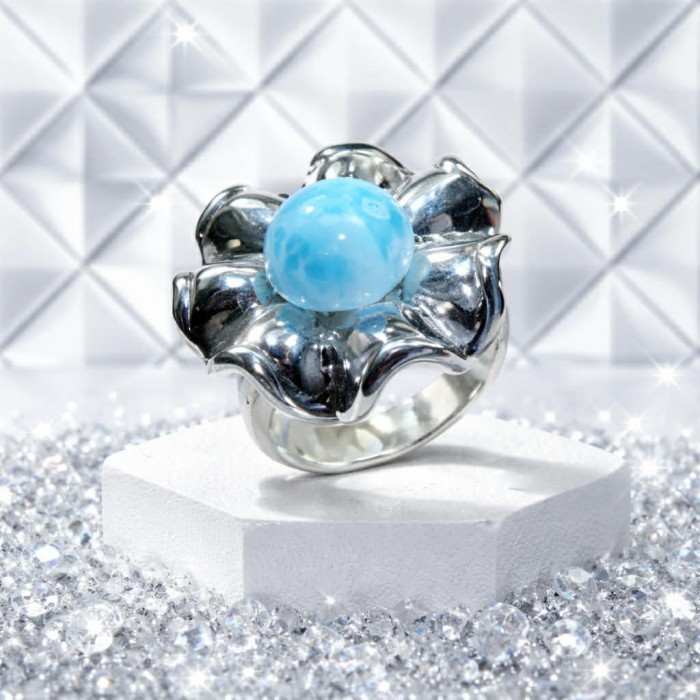 Large 8.2 carat Blue Perfection Blue Larimar .925 Sterling Silver handmade Large ring size 8 - Front view of 8.2 carat Blue Larimar ring in .925 Sterling Silver