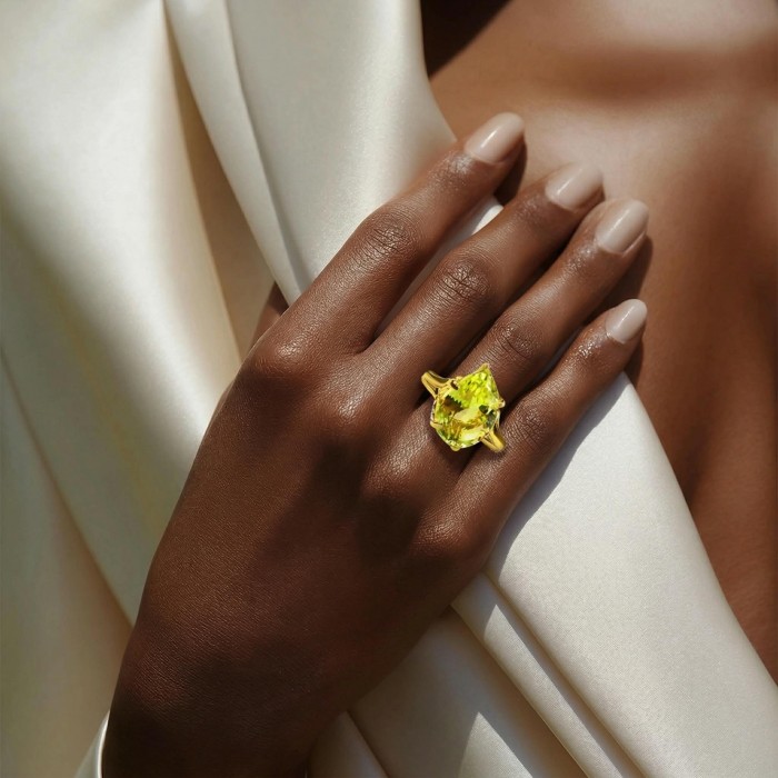 Solid 11.8 carat Genuine Lemon Quartz .925 Sterling Silver DIPPED IN REAL 18K GOLD handcrafted ring size 8 - Lemon quartz ring on hand, showcasing stone and setting detail.