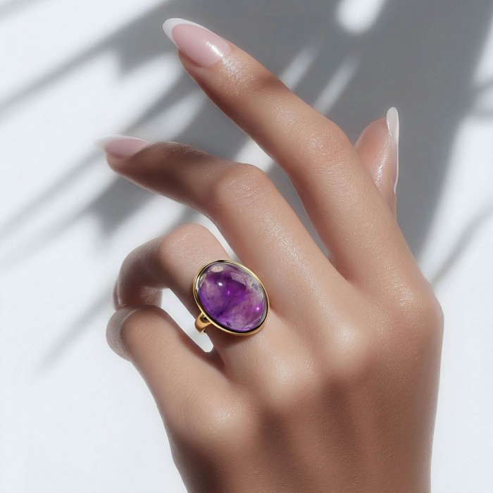 Top quality 16.2 carat Amethyst .925 Sterling Silver dipped in 18K Gold Handcrafted Large Ring size 7 3/4 - Amethyst ring worn on hand, showcasing purple stone and gold setting.