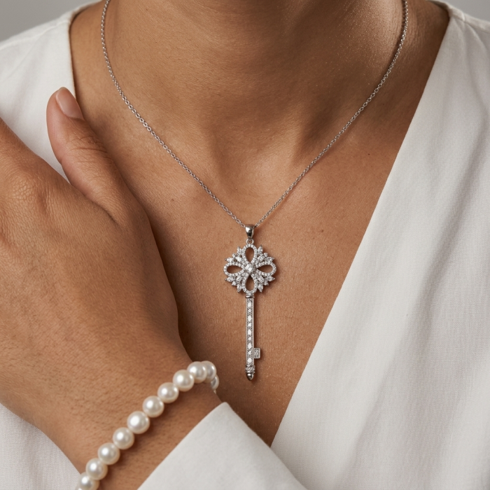 Very special Key - LUXURIUS 44.2 carat White Topaz .925 Sterling Silver handcrafted Necklace - Key-shaped pendant necklace worn on neck with pearl bracelet.