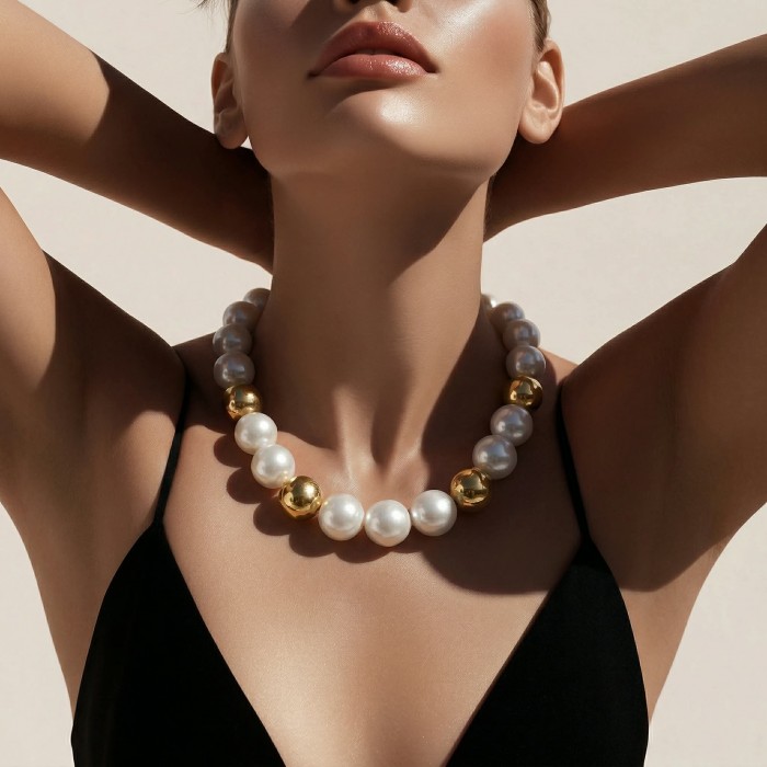 Baroque style 16 inches long Freshwater Pearl 10K Gold over .925 Sterling Silver handmade Necklace - Close-up of pearl and gold necklace worn around a model's neck.
