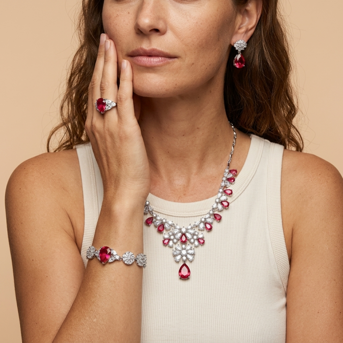 Giovanna - Magnificent Jewel 7.5 carat Ruby .925 Sterling Silver handcrafted incredible ring s. 8 - Model wearing Giovanna jewelry set with rubies and sterling silver.