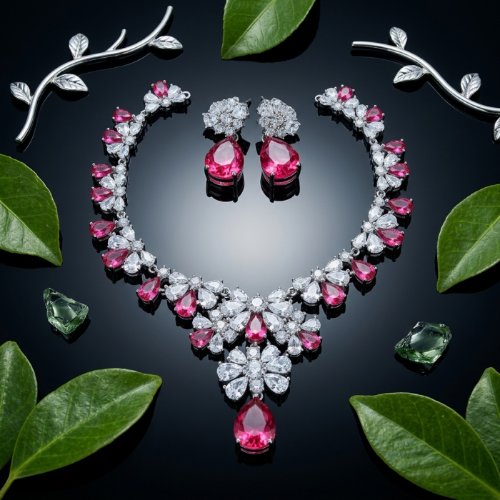 Giovanna - Magnificent Jewel 22.5 carat Ruby .925 Sterling Silver handcrafted incredible Statement necklace - Giovanna ruby necklace and earrings set on reflective surface with leaves