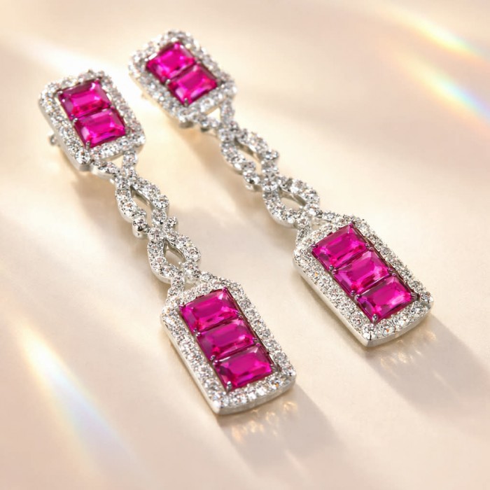 Art Deco - Giovanna - Magnificent Jewel 6.5 carat Ruby .925 Sterling Silver handcrafted incredible earrings - Art Deco ruby earrings with diamond accents, top view.