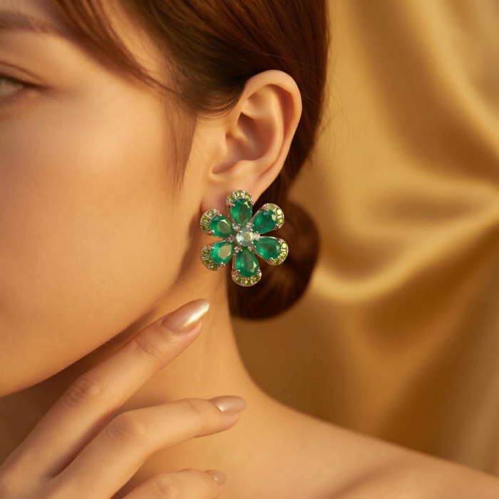 Amazonia - 339.8 carat Colombian Emerald .925 Sterling Silver handmade Statement Earrings - Side view of Amazonia emerald earring worn on ear