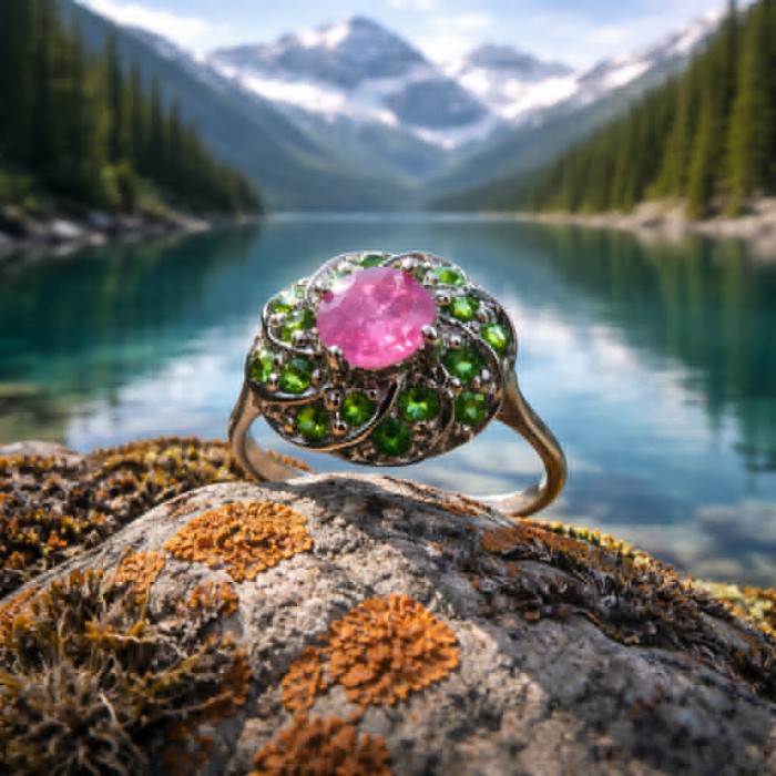 Magnificent Jewel 4.5 carat Ruby .925 Sterling Silver handcrafted incredible ring s. 6 1/4 - Ruby ring on rock with mountain lake background, stone close-up.