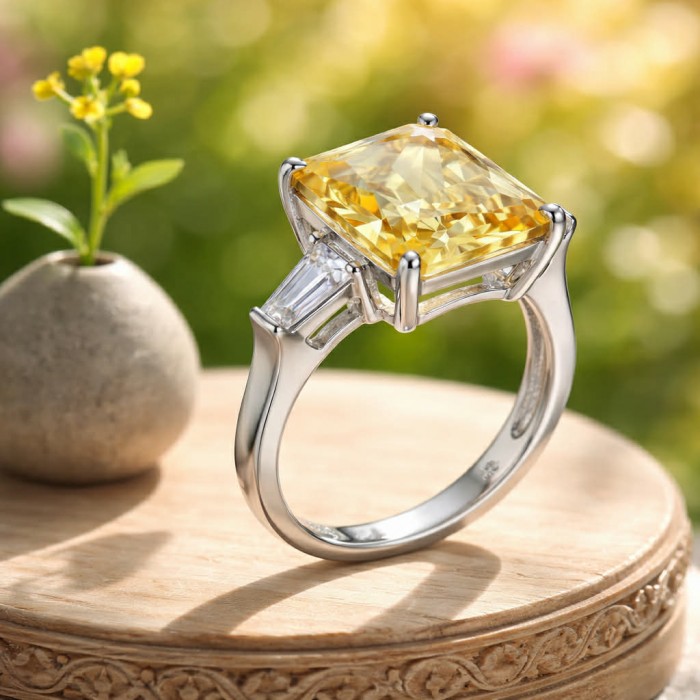 Splendid emerald cut 10.2 carat yellow Sapphire .925 Sterling Silver brilliantly handcrafted ring s. 6 1/4 - Side view of yellow sapphire ring with emerald-cut stone and .925 silver band
