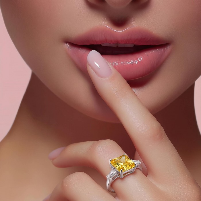 Splendid emerald cut 10.2 carat yellow Sapphire .925 Sterling Silver brilliantly handcrafted ring s. 6 1/4 - Yellow sapphire ring worn on hand, stone close-up.