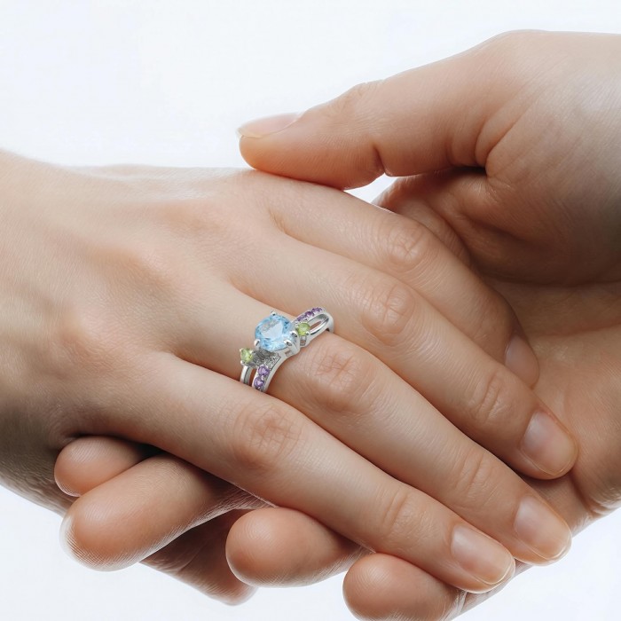 Pacifica 1.8 carat authentic Swiss Blue Topaz .925 Sterling Silver handmade Statement Ring size 9 - Swiss Blue Topaz ring worn on hand, side view.