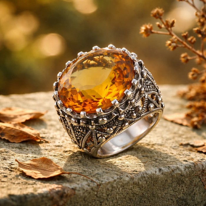 Serenity Natural 38.4 carat GOLDEN Topaz Marcasite .925 Sterling Silver handmade Large Statement Ring size 8 - Golden topaz ring close-up on stone, marcasite detailing visible.