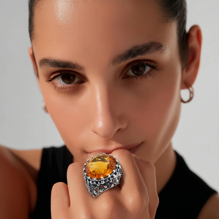 Serenity Natural 38.4 carat GOLDEN Topaz Marcasite .925 Sterling Silver handmade Large Statement Ring size 8 - Close-up of golden topaz ring worn on hand.