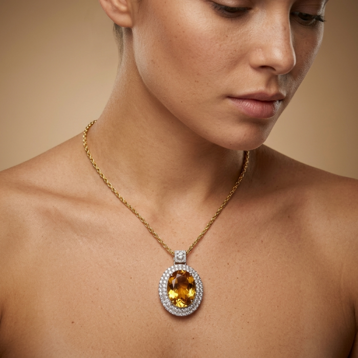 Tiffany - amazing quality 22.7 CARAT genuine Brazilain Citrine rhodium over .925 Sterling Silver handmade pendant - photo 1