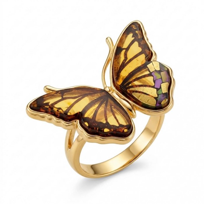 Butterfly Authentic Baltic Amber .925 Sterling Silver dipped in 18K Gold handcrafted ring; s. 6 adjustable - photo 4