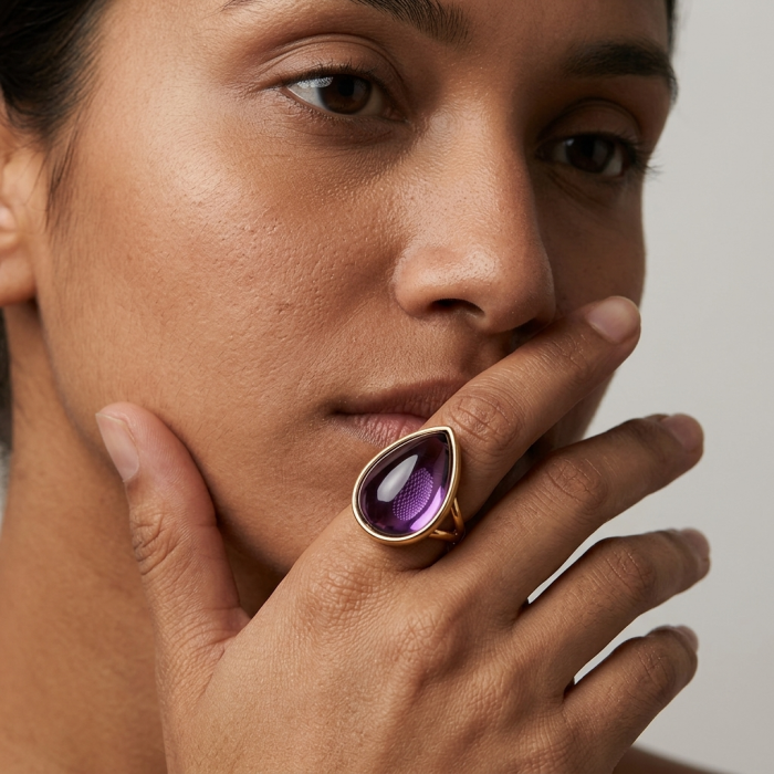 Purple Royalty 25.5 carat Amethyst .925 Sterling Silver dipped in 18K Gold over Handcrafted Ring size 7 - Amethyst ring close-up, worn on hand.