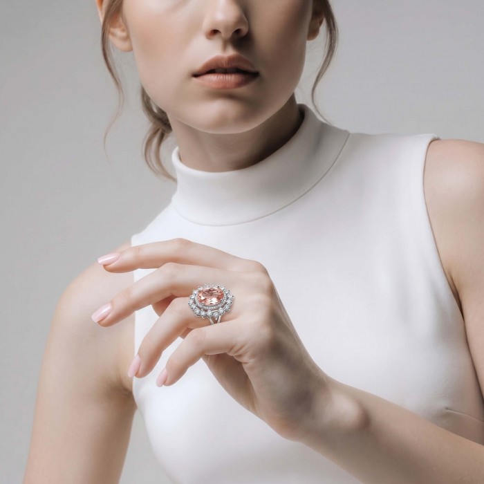 Authentic oval cut 9.2 carat Morganite 14K White Gold over .925 Sterling Silver ring s. 8 1/4 - Woman wearing oval cut Morganite ring on hand, front view.