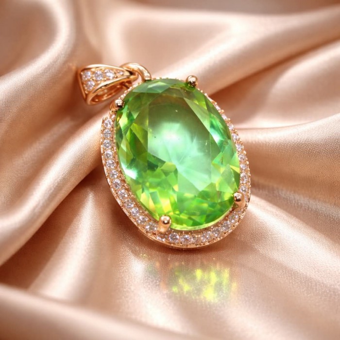 Royalty 9.9 carat authentic Himalayan Peridot 22K Gold over .925 Sterling Silver Handcrafted Statement pendant - Close-up of Himalayan Peridot pendant in 22K gold setting on satin fabric.