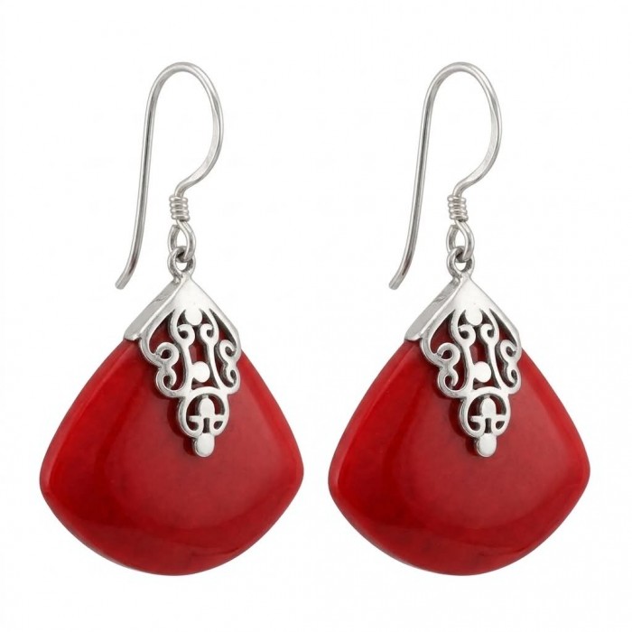 Elizabeth Natural Fossilized Coral .925 Sterling Silver handcrafted earrings - Red fossilized coral earrings with silver detail, front view.