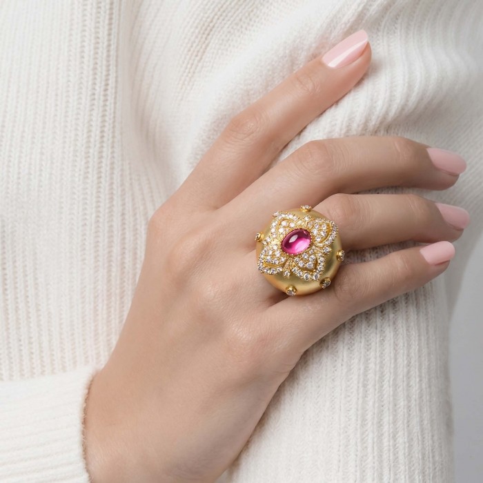 Byzantine design Authentic 2.2 carat 18K Gold over .925 Sterling Silver handcrafted Large Ring s. 8 - Byzantine-style gold ring with pink stone worn on hand.