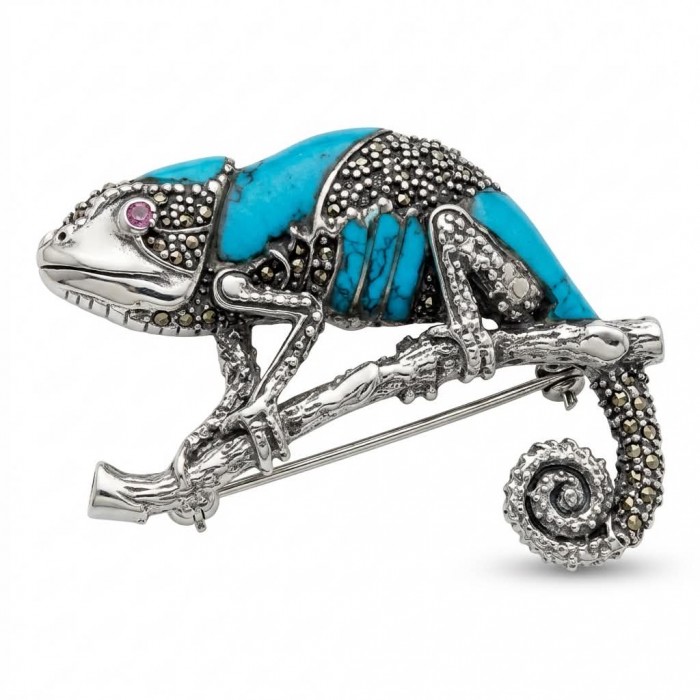 Spectacular Big Chameleon Lizard inlay Turquoise .925 Sterling Silver handmade Brooch - Side view of chameleon brooch with turquoise and silver details.