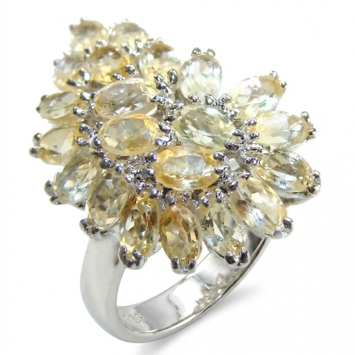 Fancy 18.8 carat Genuine Lemon Quartz .925 Sterling Silver DIPPED IN REAL RHODIUM handcrafted ring size 7 - Side view of a fancy 18.8 carat lemon quartz ring in .925 sterling silver