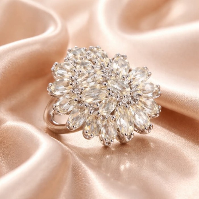 Fancy 18.8 carat Genuine Lemon Quartz .925 Sterling Silver DIPPED IN REAL RHODIUM handcrafted ring size 7 - Fancy lemon quartz ring close-up on satin background