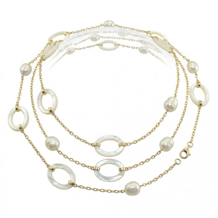 Precious White Blister Pearl 14K Gold over .925 Sterling Silver .925 Sterling Silver Necklace - Gold and pearl necklace layout showing clasp and design details