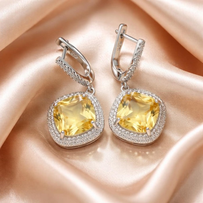Vivien Luxurious Style - Natural 8.2 carat Citrine .925 Sterling Silver dipped in Rhodium handmade earrings - Close-up of Vivien Luxurious Style Citrine earrings on satin background.
