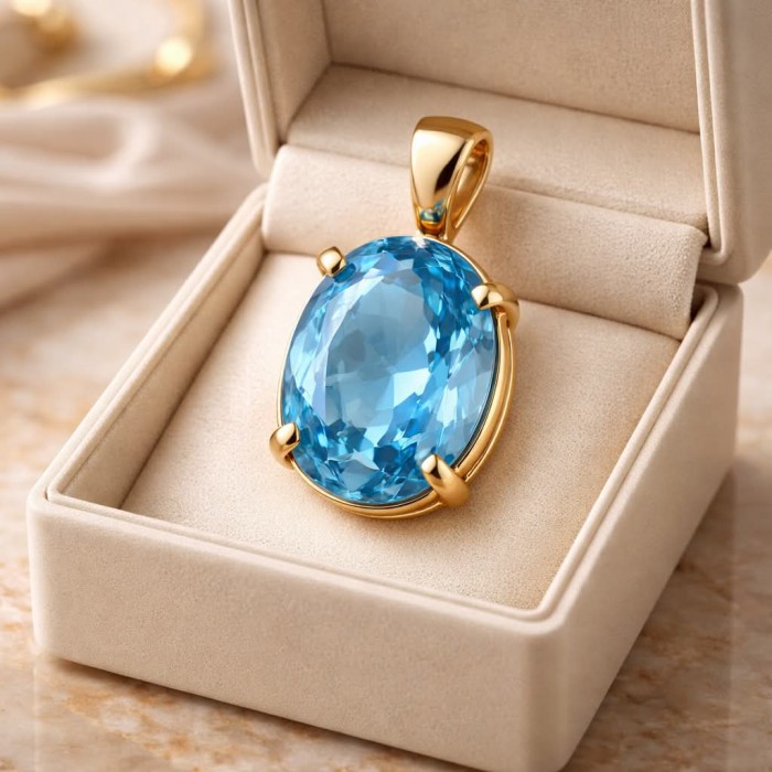 Vintage style 9.8 carat Swiss Blue Topaz .925 Sterling Silver DIPPED IN 18K Gold handmade Pendant - Close-up of vintage-style blue topaz pendant in a jewelry box.