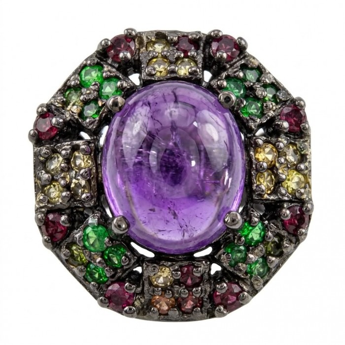 Purple Queen 6.2 carat natural Amethyst .925 Sterling Silver Handcrafted Ring size 7 1/4 - Amethyst ring, top view, with multicolored gemstones and sterling silver.