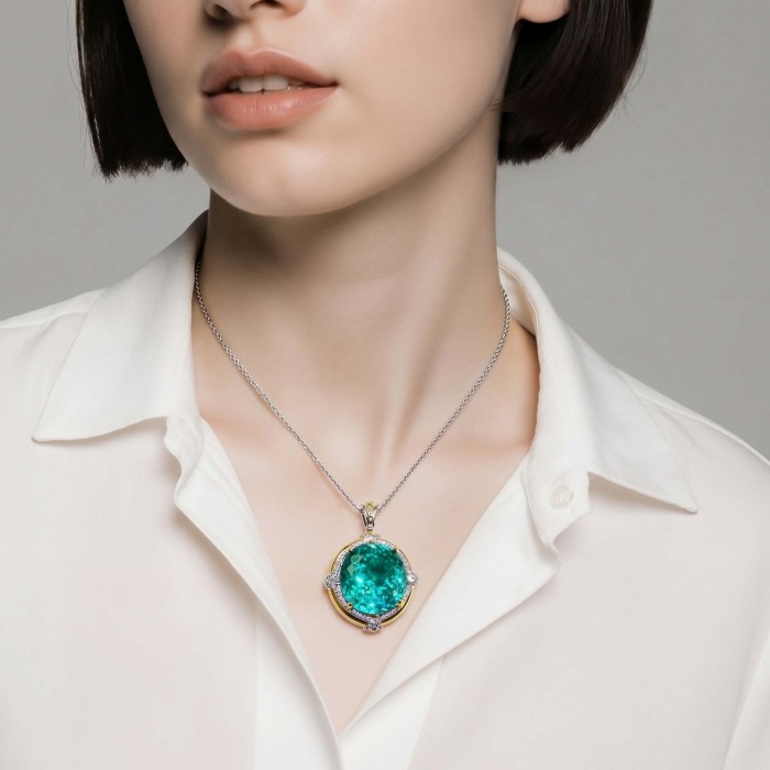 Wonderland 24.3 carat fancy oval cut Paraiba Tourmaline 2 tones .925 Sterling Silver Handcrafted Statement necklace - Necklace with oval Paraiba Tourmaline worn on model in white shirt.