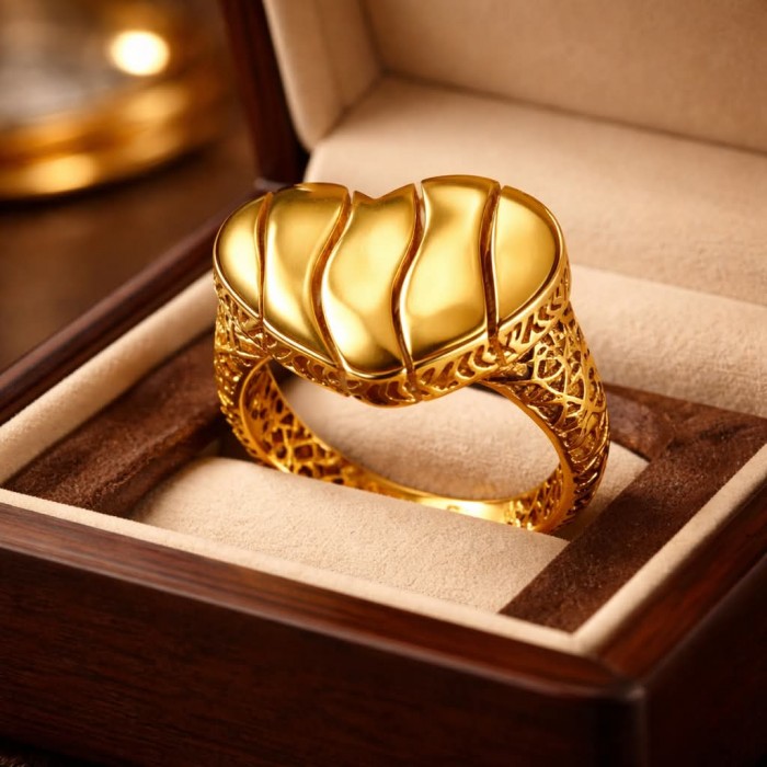 Dubai Style - Golden Heart .925 Sterling Silver dipped in 22K Gold handmade ring size 6 - Gold heart design ring in box, side view with intricate details.